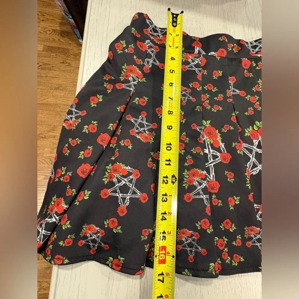 Elegant Black Skater Skirt with Red Rose Pentagram Floral Design